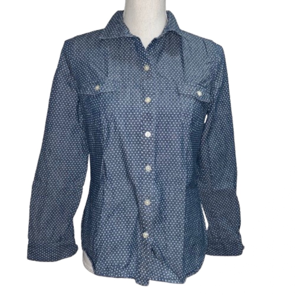 Old Navy Blue dot POLKA DOT button down shirt collared cotton Womens Small